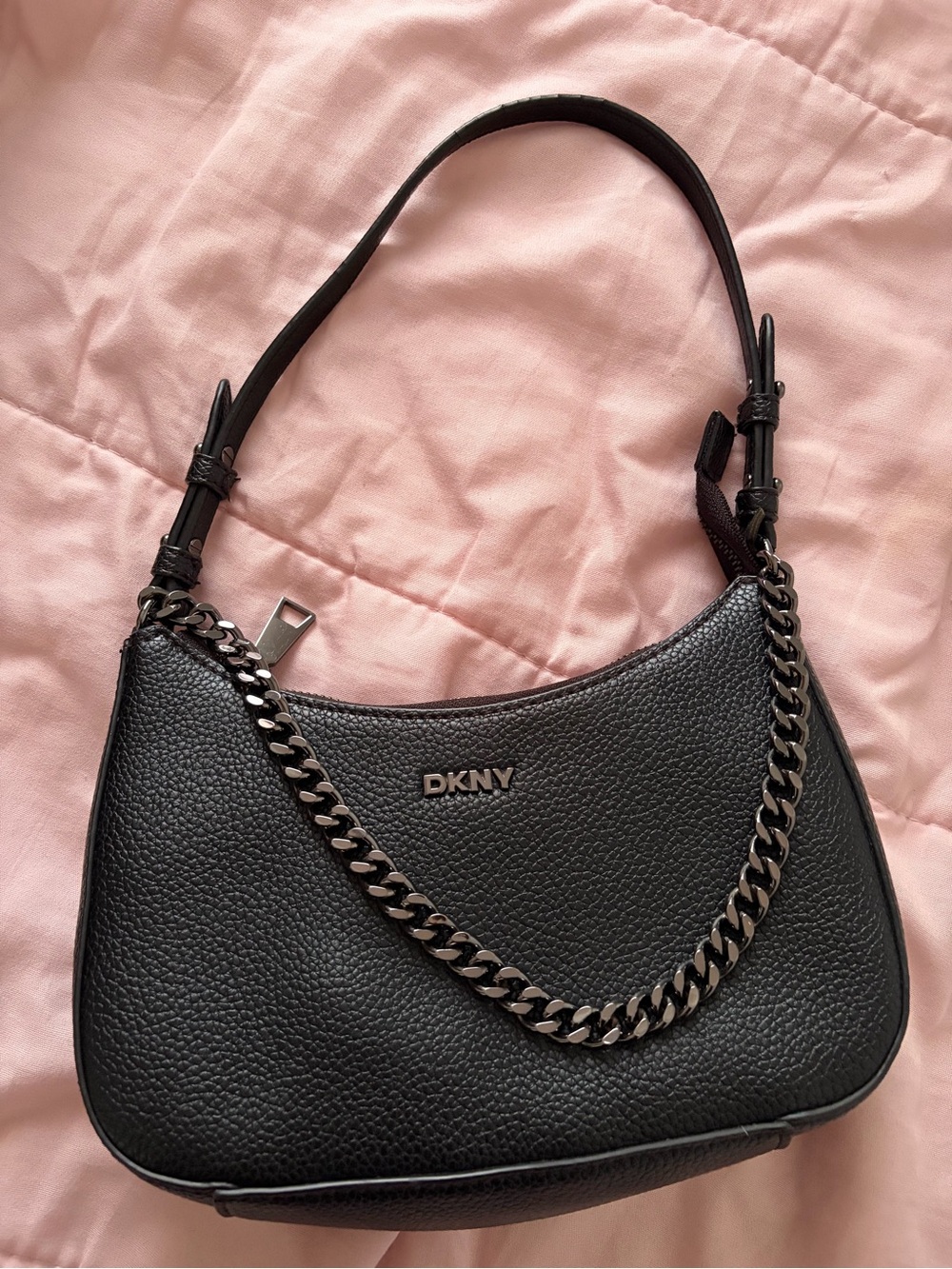 DKNY Black Pebbled Leather Shoulder Bag with Gunmetal Chain